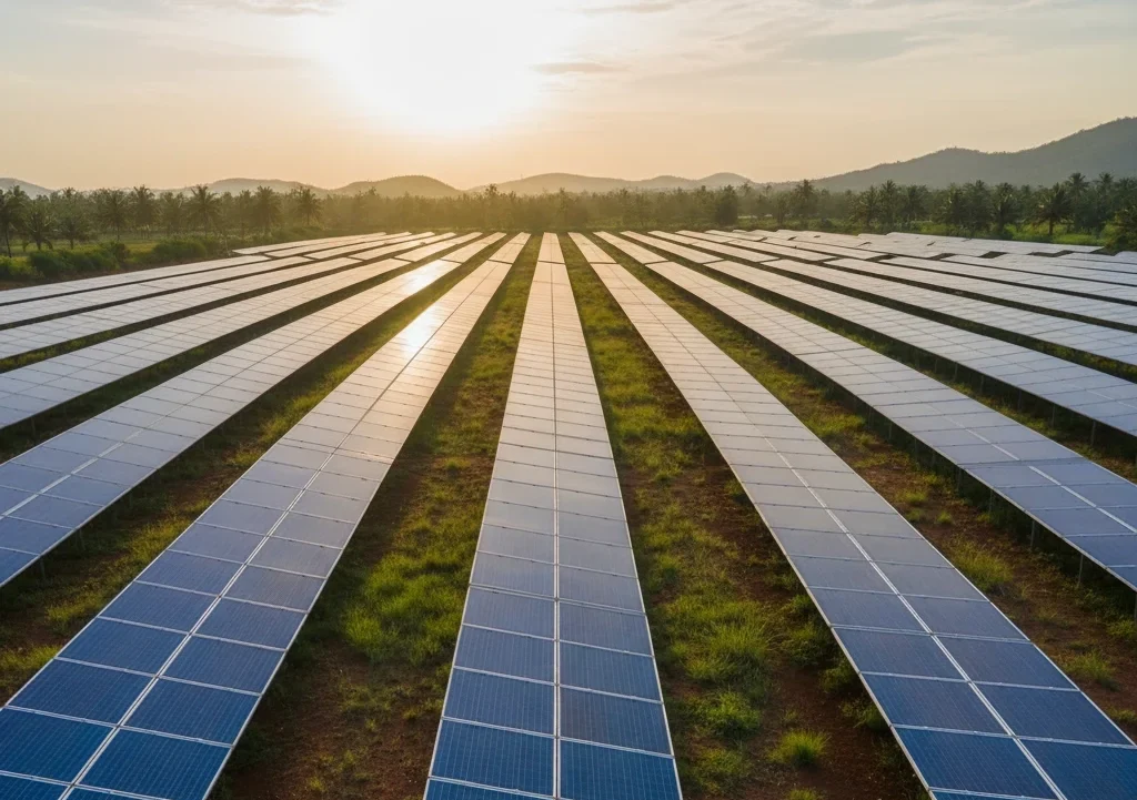 Large scale solar photovoltaic farm with thousands of solar panel arrays installed in rows spanning across expansive agricultural land with mountains and tropical vegetation in background demonstrating industrial utility-scale renewable energy generation